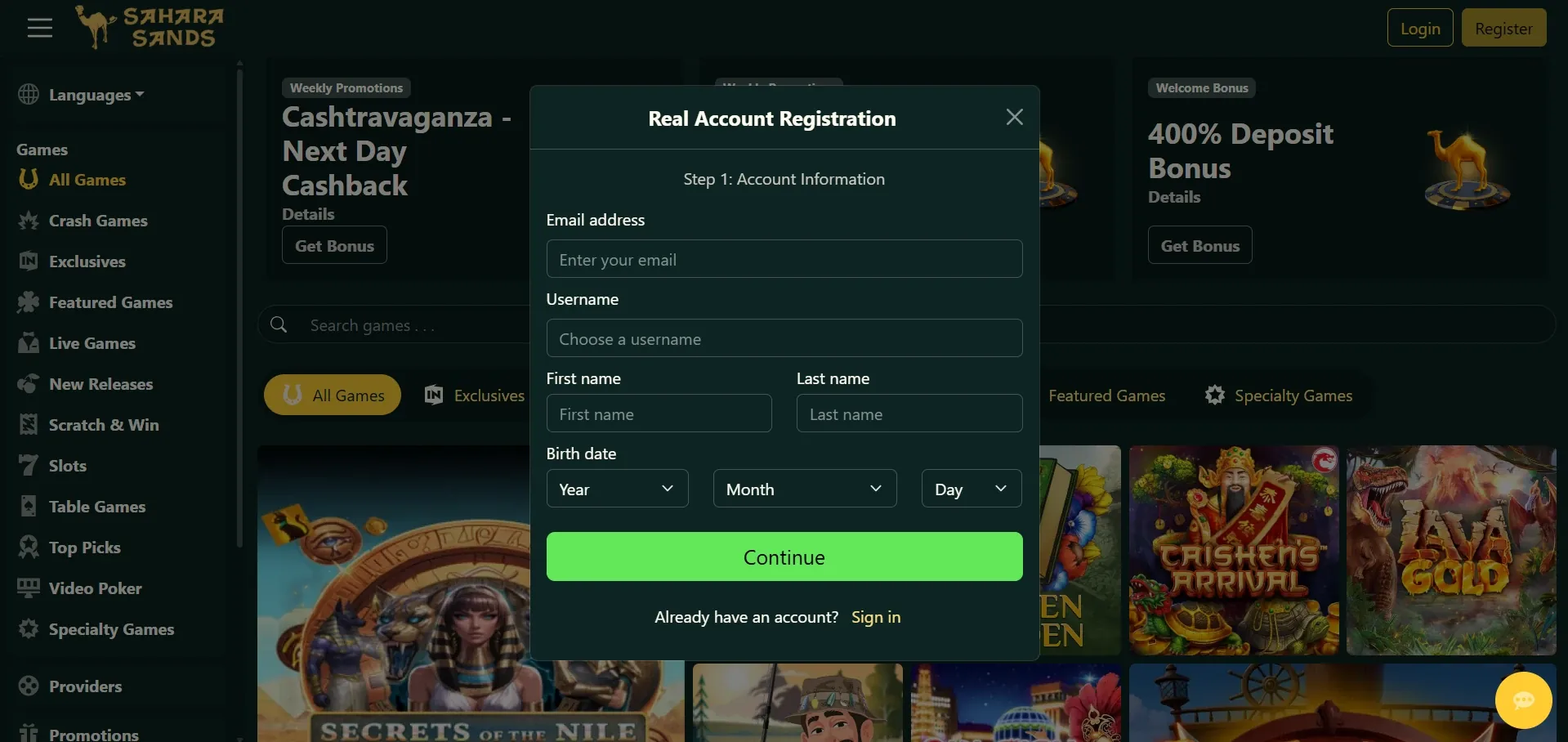 Sahara Sands Casino sign up